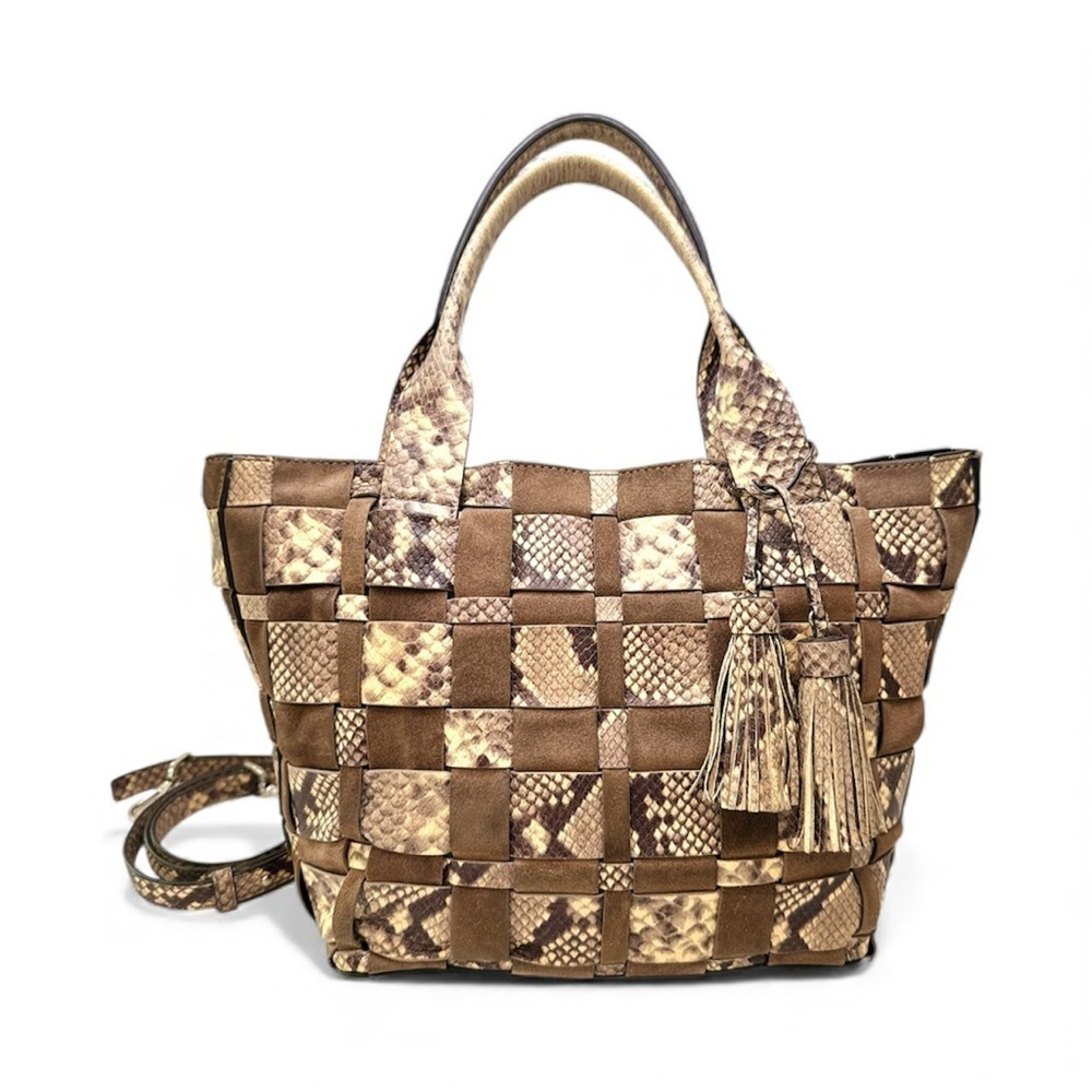 🐻 Michael Kors Snakeskin Patchwork Vivian Medium Tote — Natural/Dark Dune - Picture 4 of 17